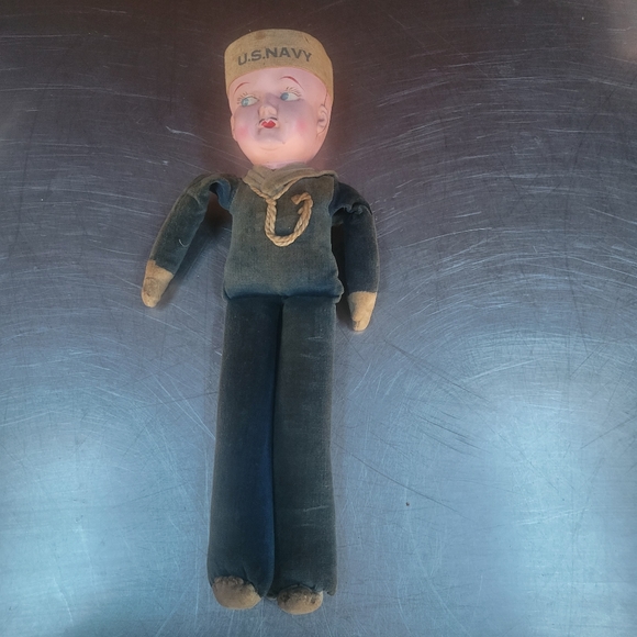 Vintage U.S. Navy, Made in Japan, Composite Face & Stuffed Animal Male Doll
